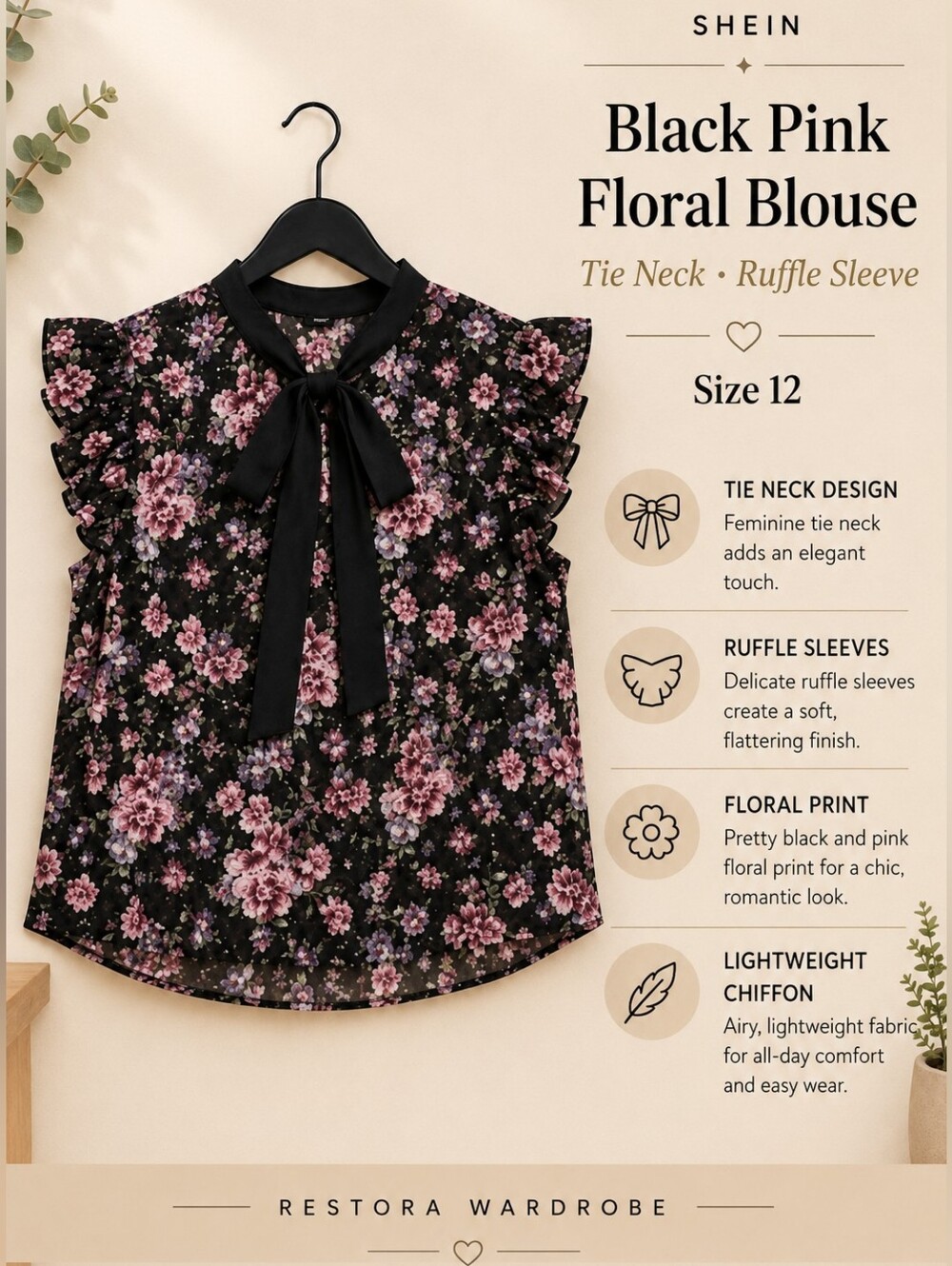 SHEIN Coquette Black Pink Floral Tie Neck Ruffle Chiffon Blouse 12